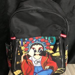 Chinese Fan Print Girl Black Backpack